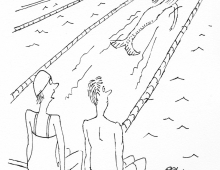 Cartoon of two swimmers watching a mermaid swimming laps